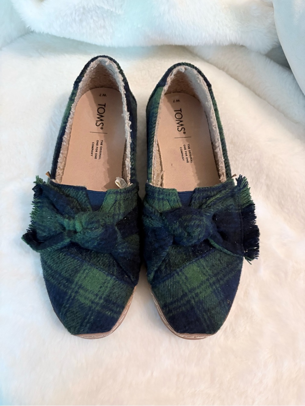 TOMS Green & Navy Plaid Knot Slip-On Flats